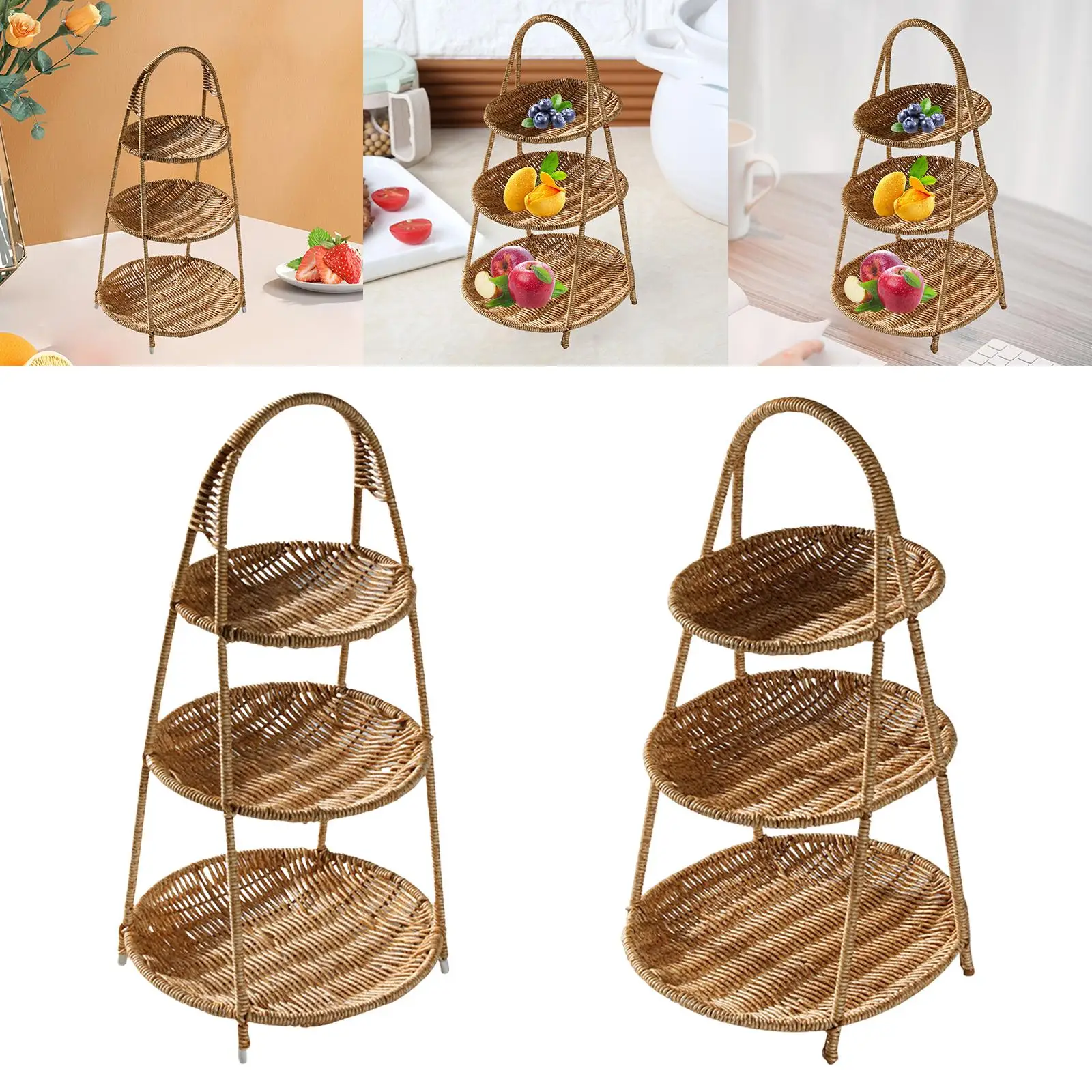 Handmade Weaving Basket Rack Dresser Organizer Cosmetic Rack Makeup Organizer Shelf Cupcake Stand for Kitchen Fruits Cakes
