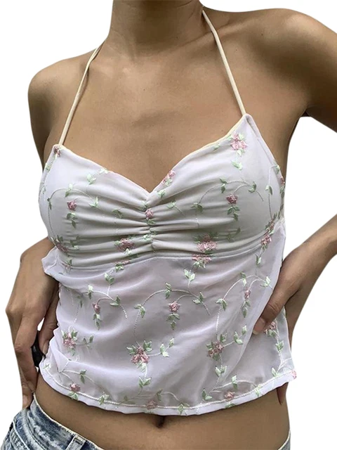 Women Y2k Floral Print Tank Top Sexy Fairy Grunge Spaghetti Strap Cami  Vintage Backless Tank Top Camisole Going Out Tops