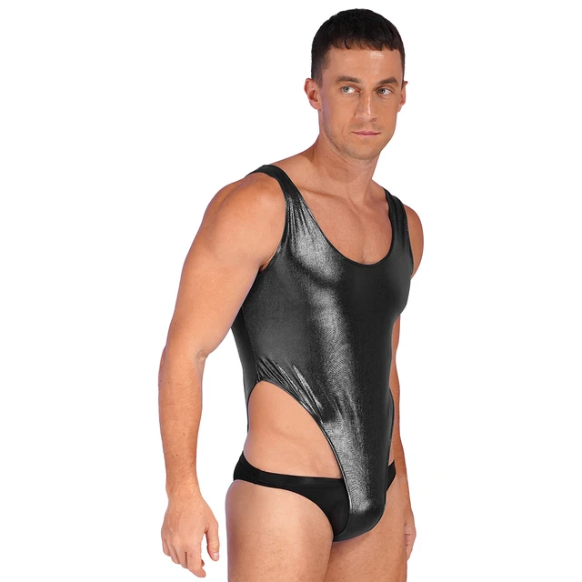 Men Faux Leather Bodysuit Leotard Wet Look Stretch Swimsuit Bikini