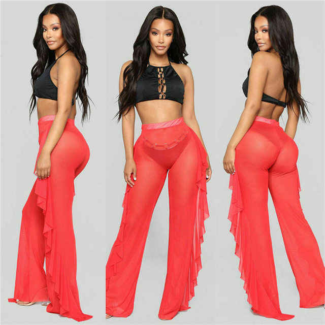 Pantalones de malla con volantes para mujer, pantalón Sexy transparente de  pierna ancha, transparente, para playa y vacaciones, novedad - AliExpress