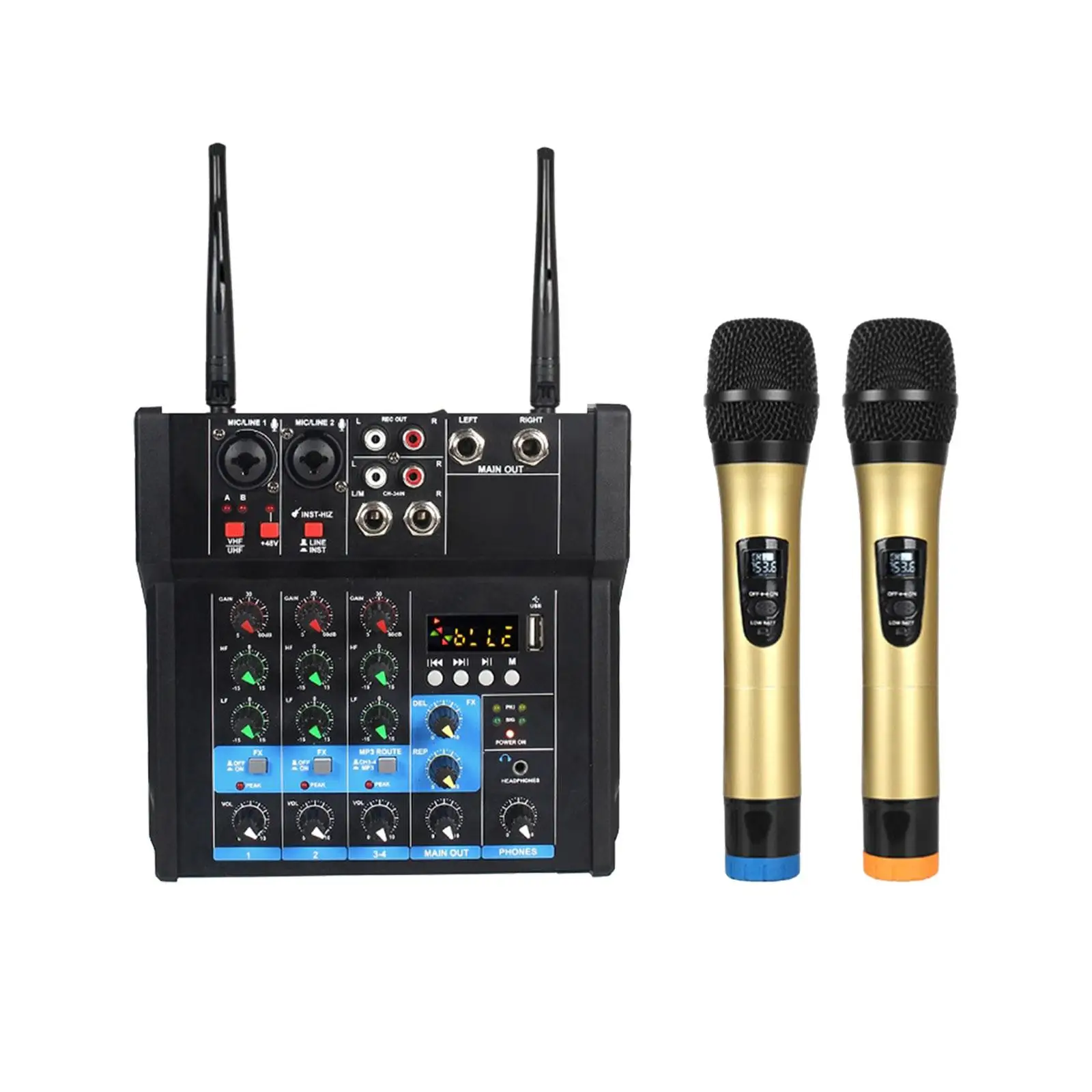 Audio Mixer with 2 Wireless Microphones USB 4 Channel Sound Mixer for Studio Computer Recording Home Karaoke KTV Live Streaming