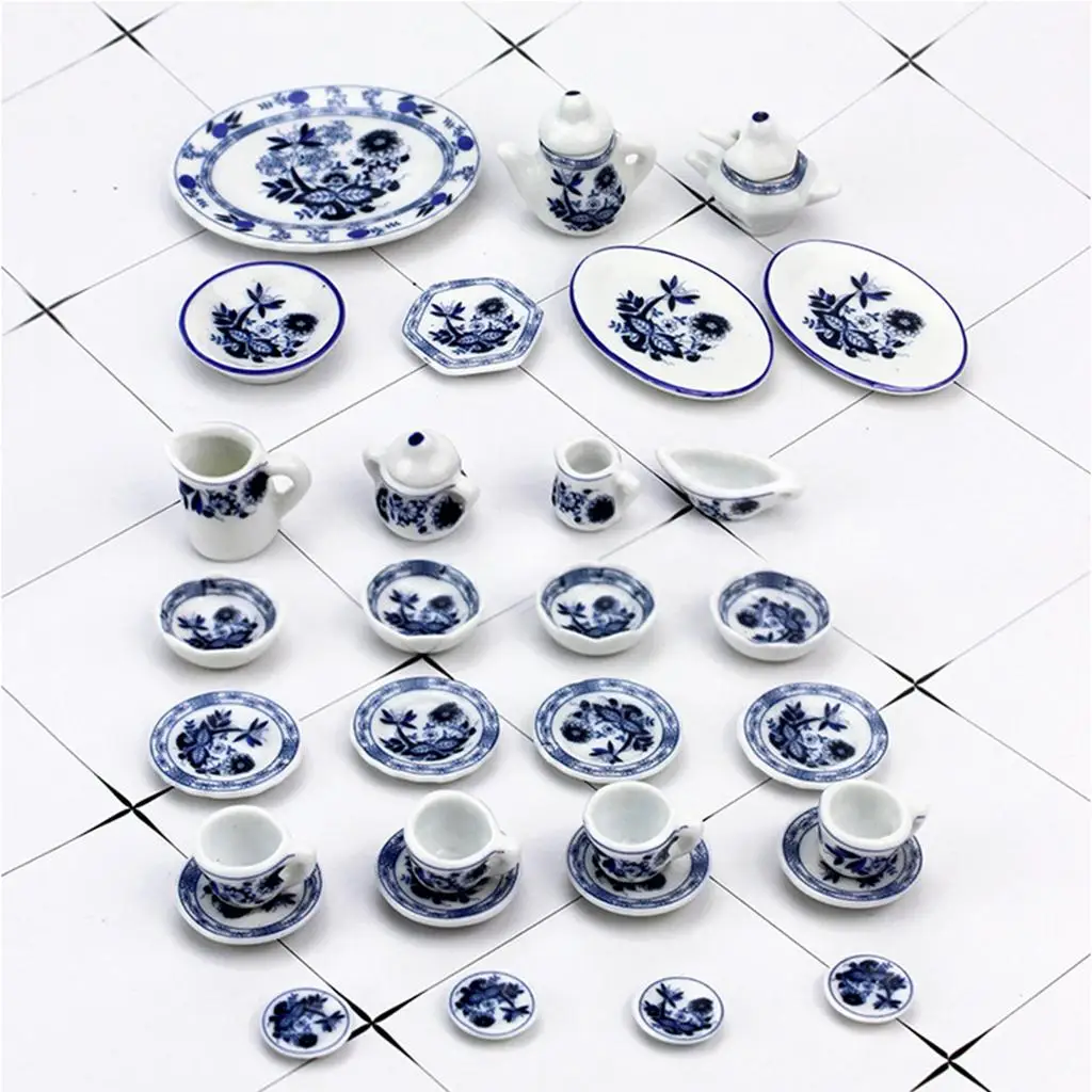 1/12 Dollhouse Miniature Tea Set in 27 Pcs, Flower Porcelain Classic  Set with Tray Pot, for Dollhouse Kitchen Accessories