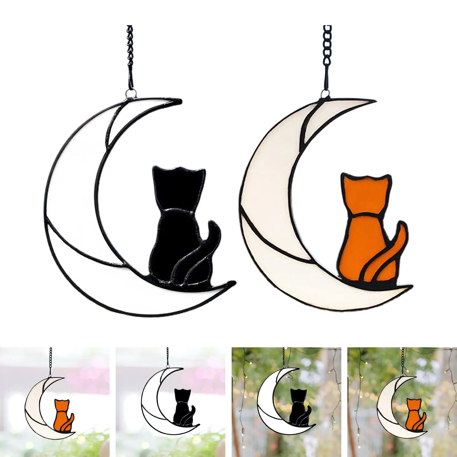 Stained Glass Window Hangings Acrylic Cat on The Moon Pendant Cat Decoration for