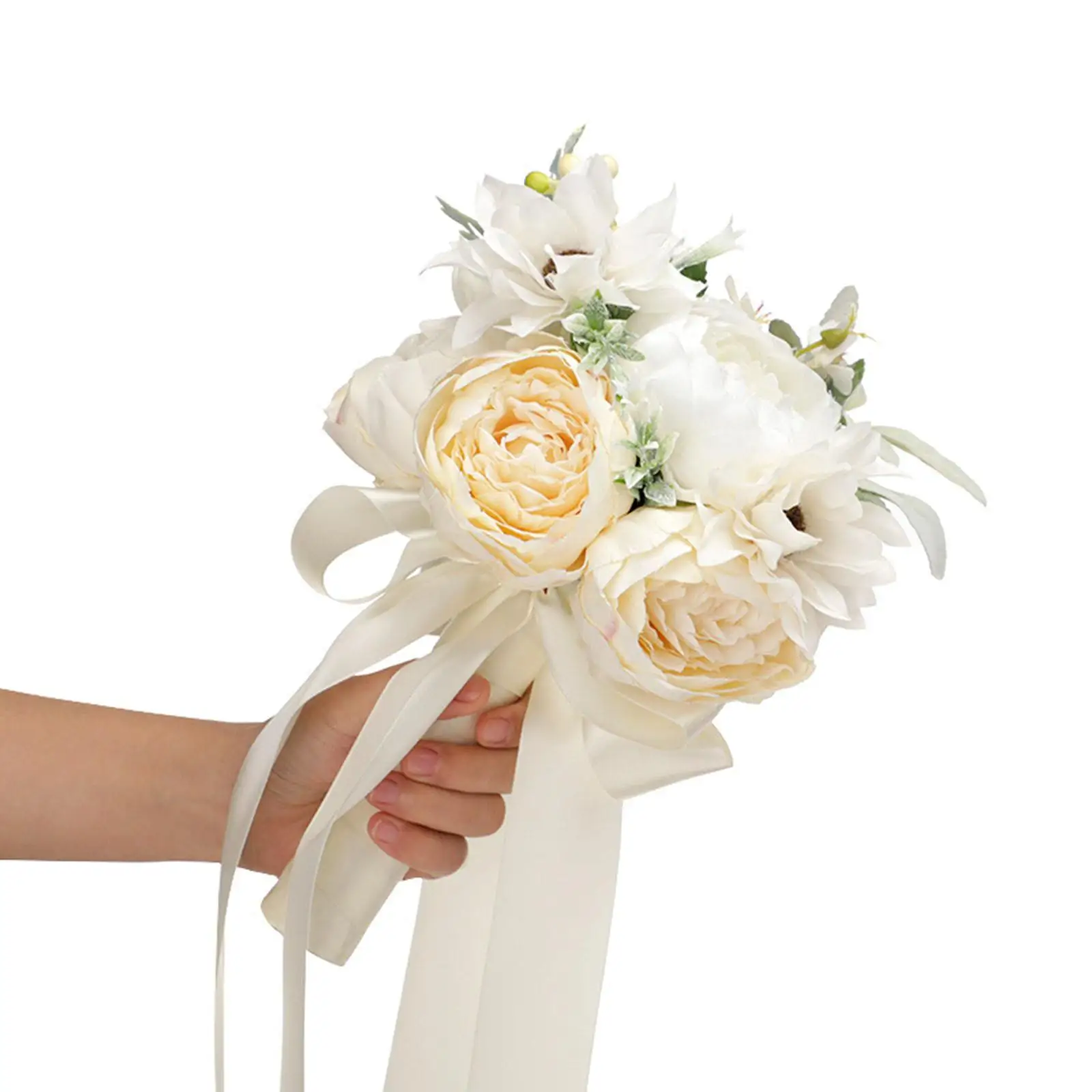 White Artificial Peony Flowers Bridal Wedding Bouquets exquisite Decor Ribbon Tassel