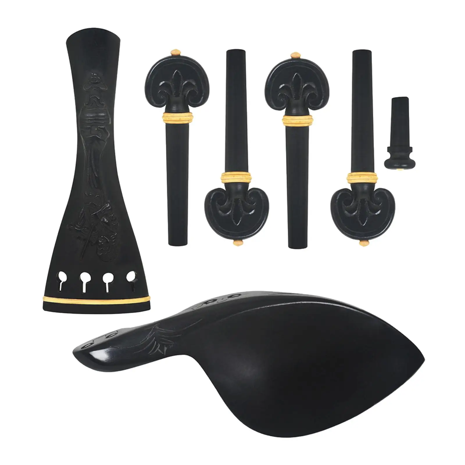 7Pcs Ebony Violin Chin Rest Chinrest with 4 Tuning Pegs Tailpiece Endpin Set for 4/4-3/4 Violin