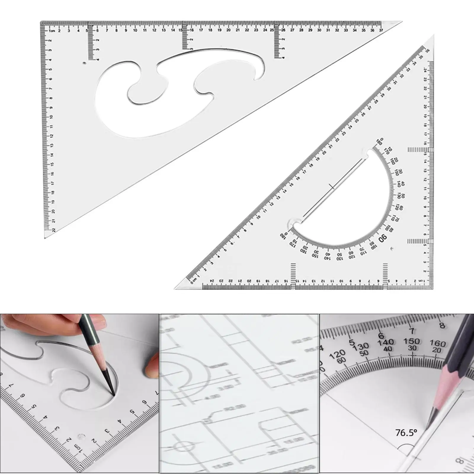 2x Triangle Ruler Square Multifunctional Lightweight Transparent Math Ruler for Designer Architect Engineering Carpentry Drawing