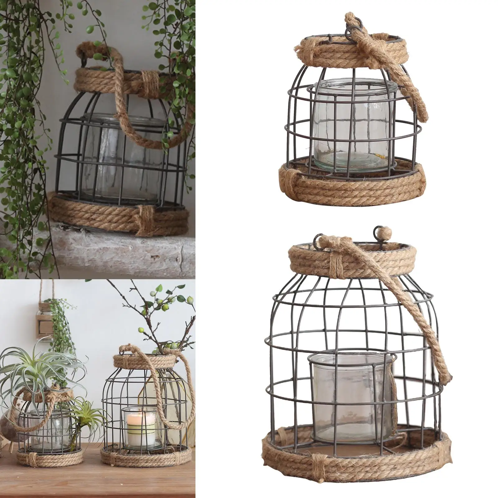 Decorative Metal and Rope Lantern Candle Holder, Rustic Outdoor Floor or Table Lantern for Farmhouse Patio Decor