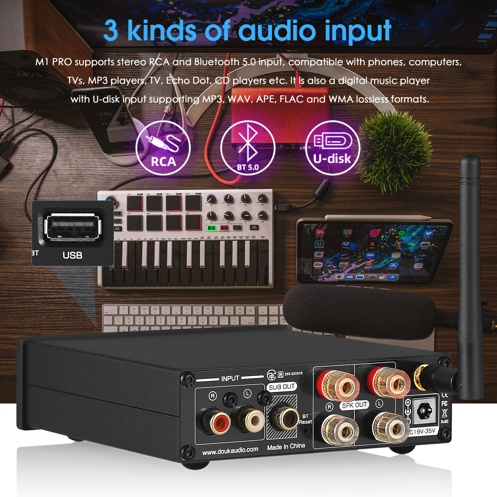 Douk Audio M1 PRO HiFi Bluetooth 5.0 Stereo TDA7498E Leistungsverstärker Drahtloser Empfänger USB-Player Subwoofer Verstärker 160W*2 – Detail 4