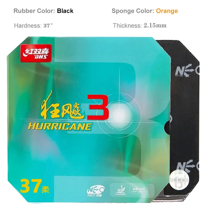 DHS-Hurricane 3 NEO Table Tennis Rubber, 37 Degrees Soft, Hurricane-3, Pips-in Ping Pong Sponge, No Need for a Booster
