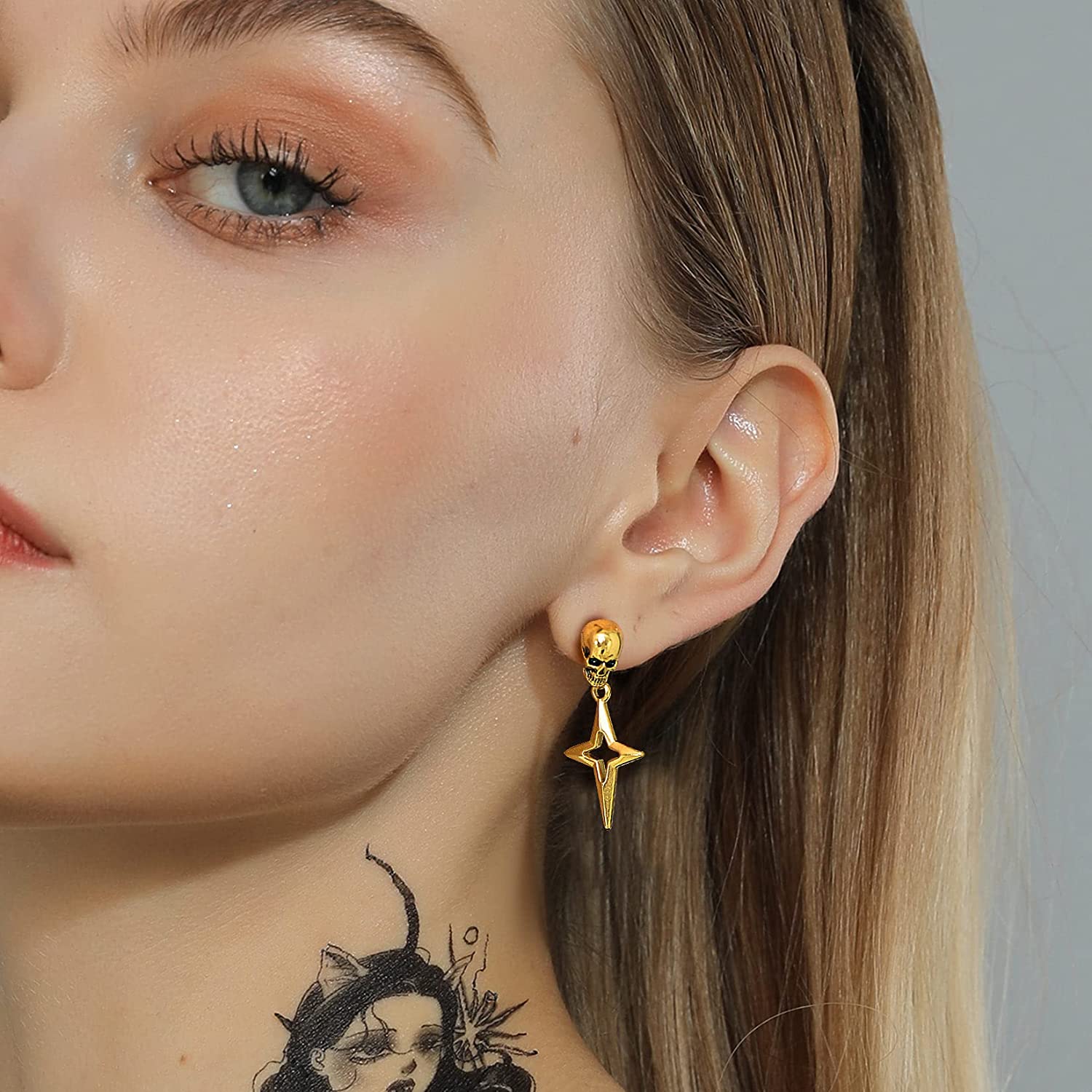 Stainless Steel Skull Head Star Dangle Earrings-Animals Aso