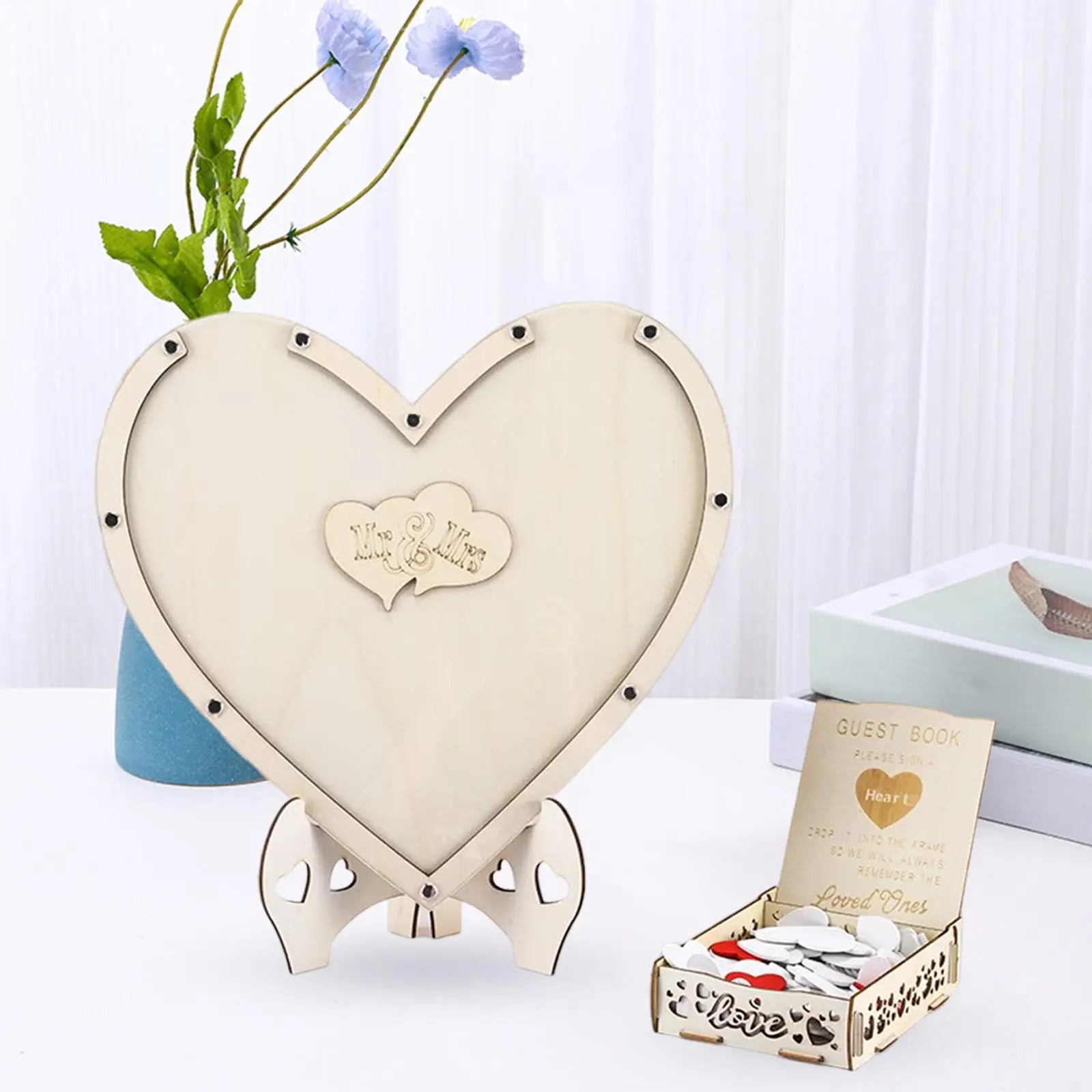 Personalized Wedding Guest Book Heart Shaped Wooden Frame Drop box Rustic Decorations Container 80 Chips for Anniversary