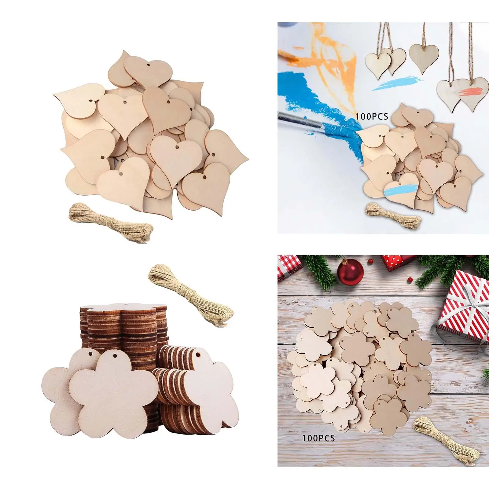 100x Wooden Tags Wood Cutouts Bulk for Hanging Decorations Jewelry Making