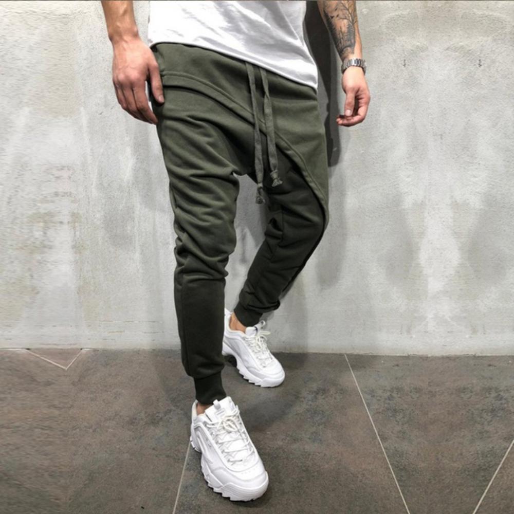 Description Picture 4 of itemPants Drawstring Sporty Pant Solid Color Long Men Asymmetric Double Layer Running Pants