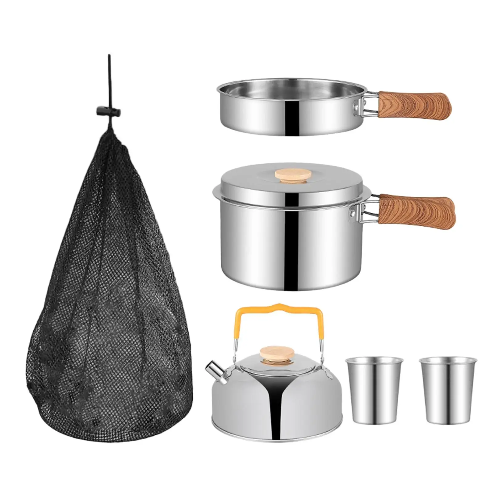5x Camping Pot Pan and Kettle with Carry Bag Stockpot Camping Cookware Set for Home Mountaineering Fishing Equipment Supplies