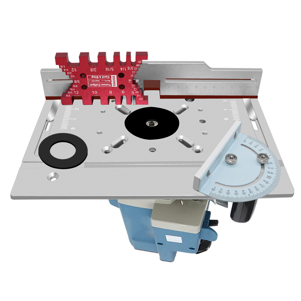 Router Lift – Aluminium-Frästisch-Einsatzplatte mit Zapfenzaun, elektrisches Holzfräsen, Klappbrett mit Gehrungslehre, Führungsset – Detail 1