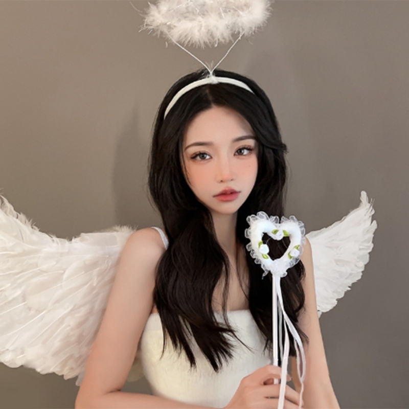 Engel Halos Stirnband mit Engel Zauberstab Engel Kostüm Engel Halloween Cosplay Kostüm Zubehör weiß für Frauen Mädchen – Detail 6