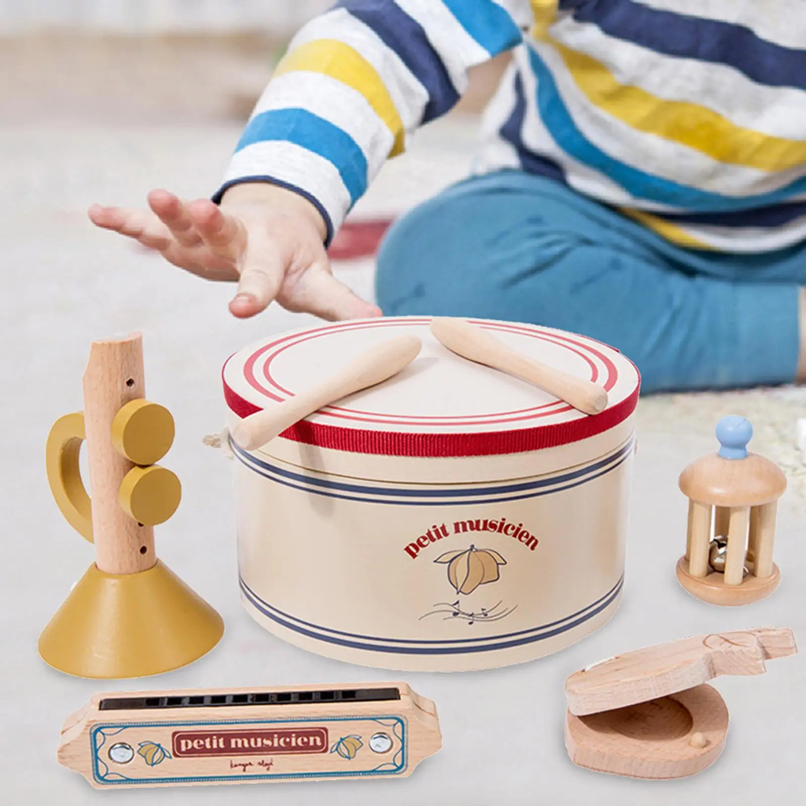 5 Pieces Kids Percussion Instrument Educational Baby Musical Toys Wooden Music Set for Volumes Tones Coordination Interaction