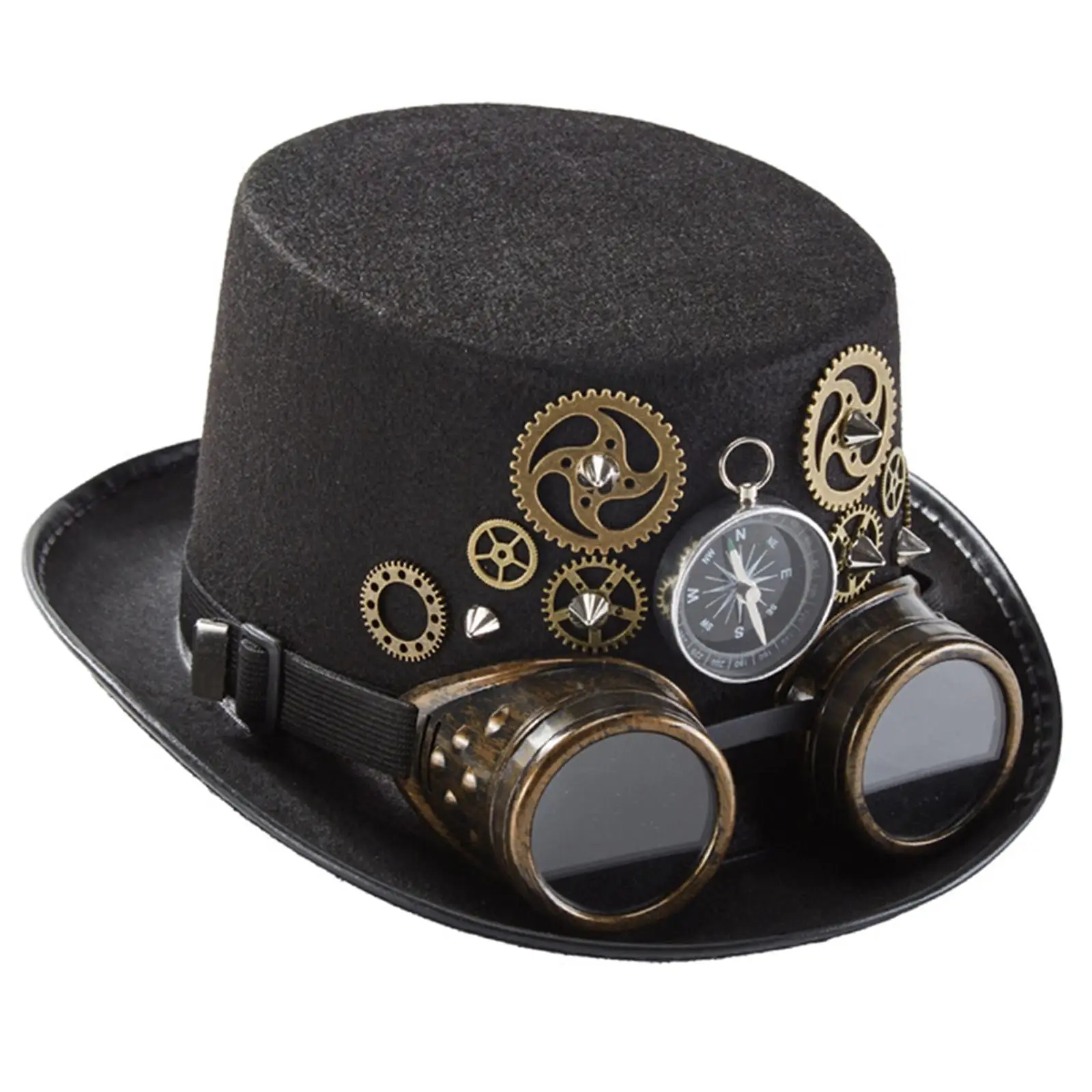 Retro Style Steampunk Top Hat Metal One Size Unisex Gothic Rivet Wide Brim Head Wear Gears for Jazz Cosplay Fancy Dress Women