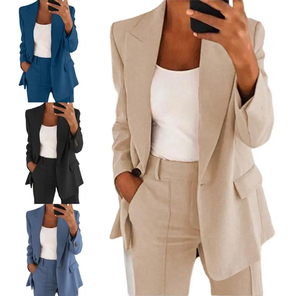 casaco de terno popular blazer cor sólida manga longa bolsos do falso blazer superior cardigan outwear para escritório