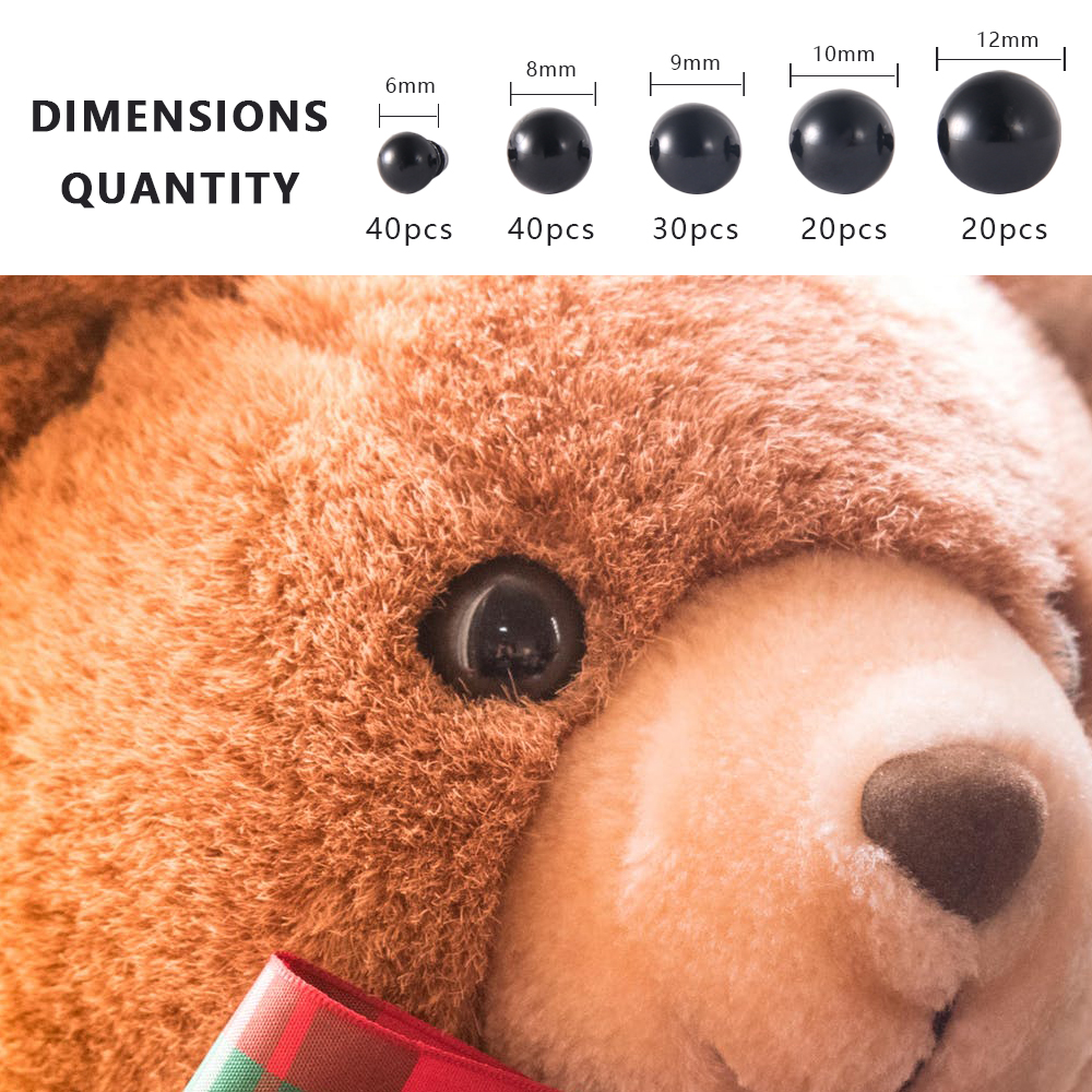 150 Stück DIY-Puppen-Sicherheitsaugen, 6–12 mm, schwarzer Kunststoff, Bastelaugen für Bärenspielzeug, Kinder, DIY-Handwerk, Stofftier-Puppenzubehör – Detail 2