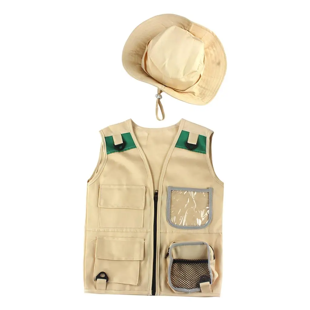 Kids Cargo Vest & Hat Set Hiking Hunting Outdoor Explorer Set Cosplay Unisex