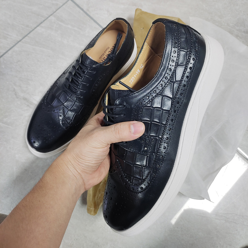 Genuine Leather Flat Sneakers Comfortable Handmade Mens Casual Shoes Brogue Wingtip Crocodile Print Non-slip Derby Shoes for Men