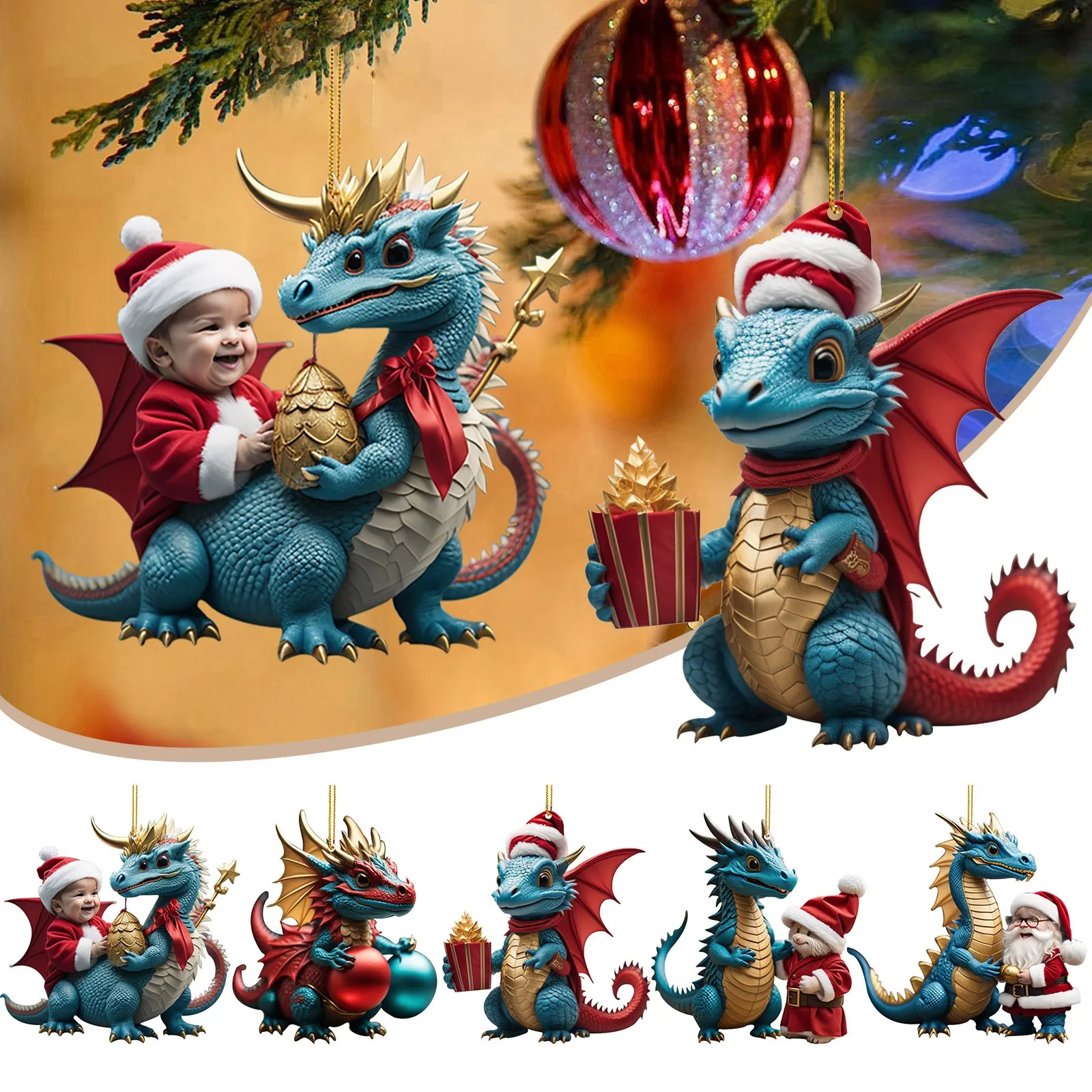 2D Acrylic Christmas Dragon Pattern Christmas Tree Hanging Decoration Hanging Ornament Xmas Pendant Party Supplies Home Decor