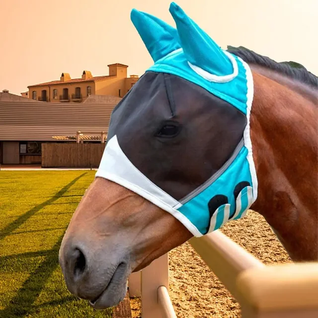 Masque Anti-moustiques Et UV Pour Cheval IKOPFLN - Tissu Respirant, Protection Des Yeux Et Oreilles - Taille Générale (bleu)