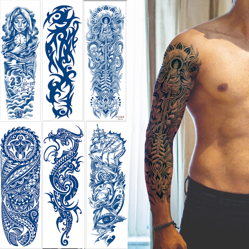 Best of Large Full Arm Sleeve Tattoo Dragon Mechanical Waterproof Temporary Tatoo Sticker Juice Lasting Men Women Geometric Fake Tattoo Reviews & Tips