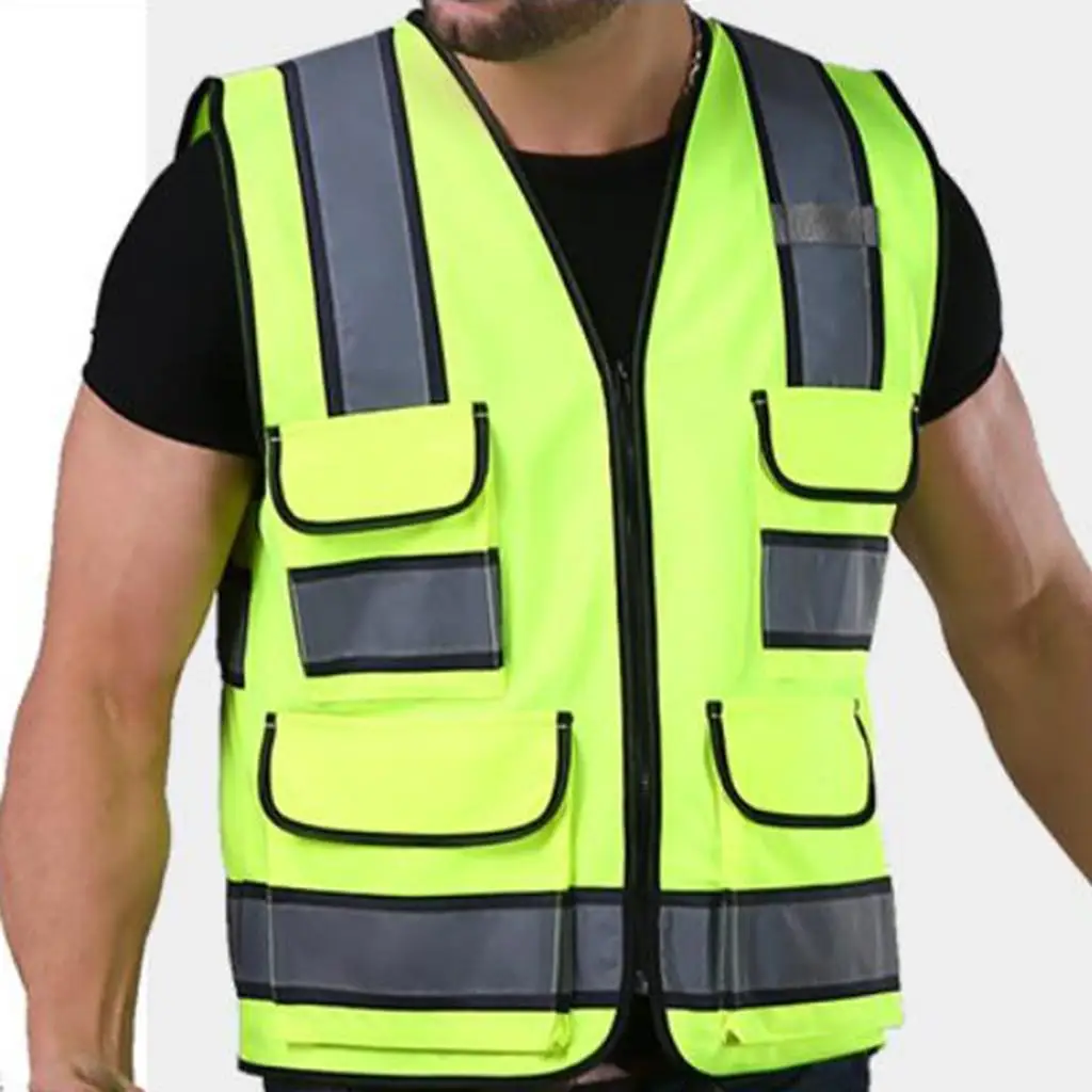 Reflective Safety Vest, Bright Neon Yellow Color with Reflective Strips - Zipper Front Style-E