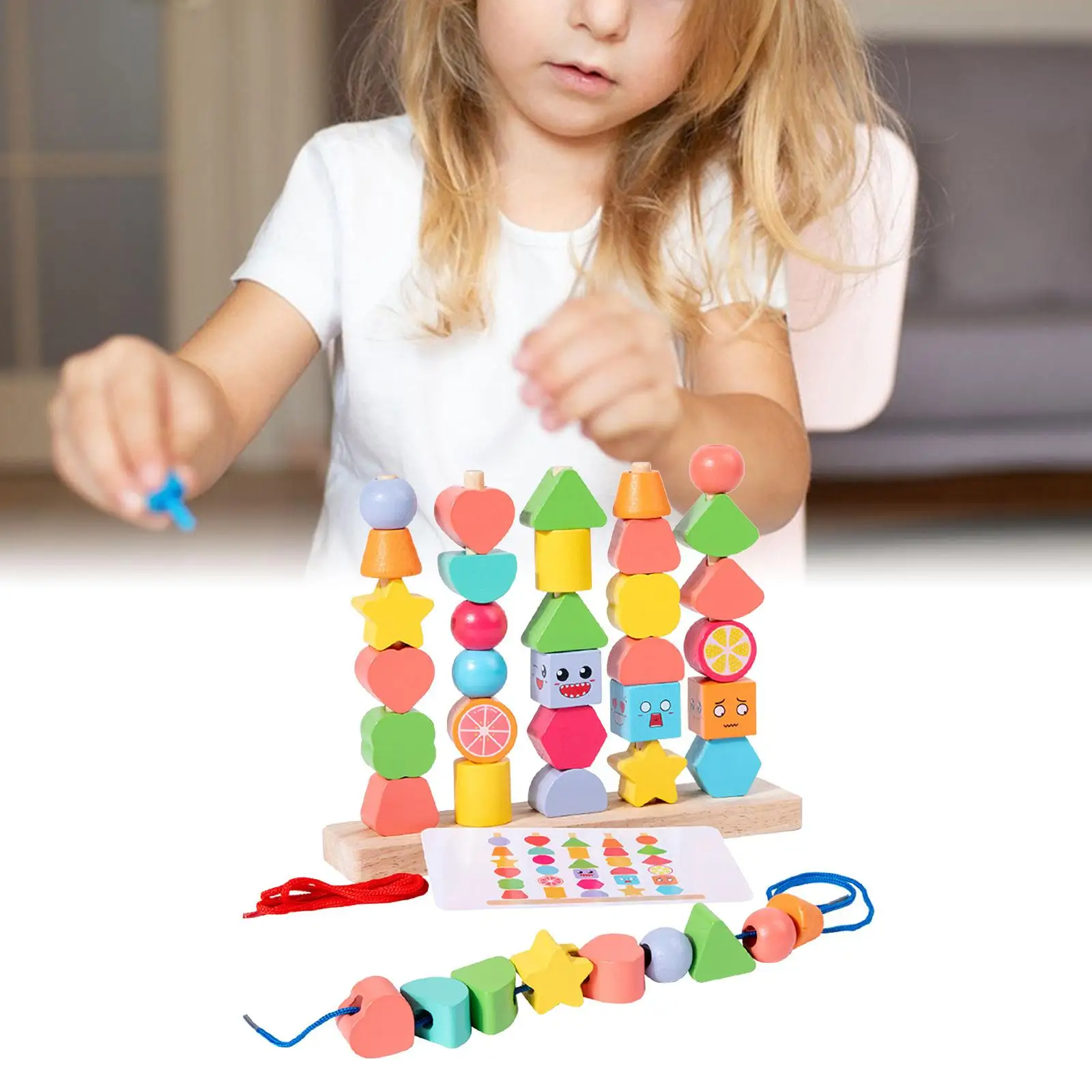Wooden Beads Sequencing Toy Set Early Education Matching Shape Stacker Stacking Blocks for Children Kids Preschool Birthday Gift