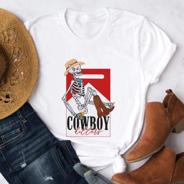 Women Long Live Cowboy T-Shirt Skeleton Horse Graphic Western