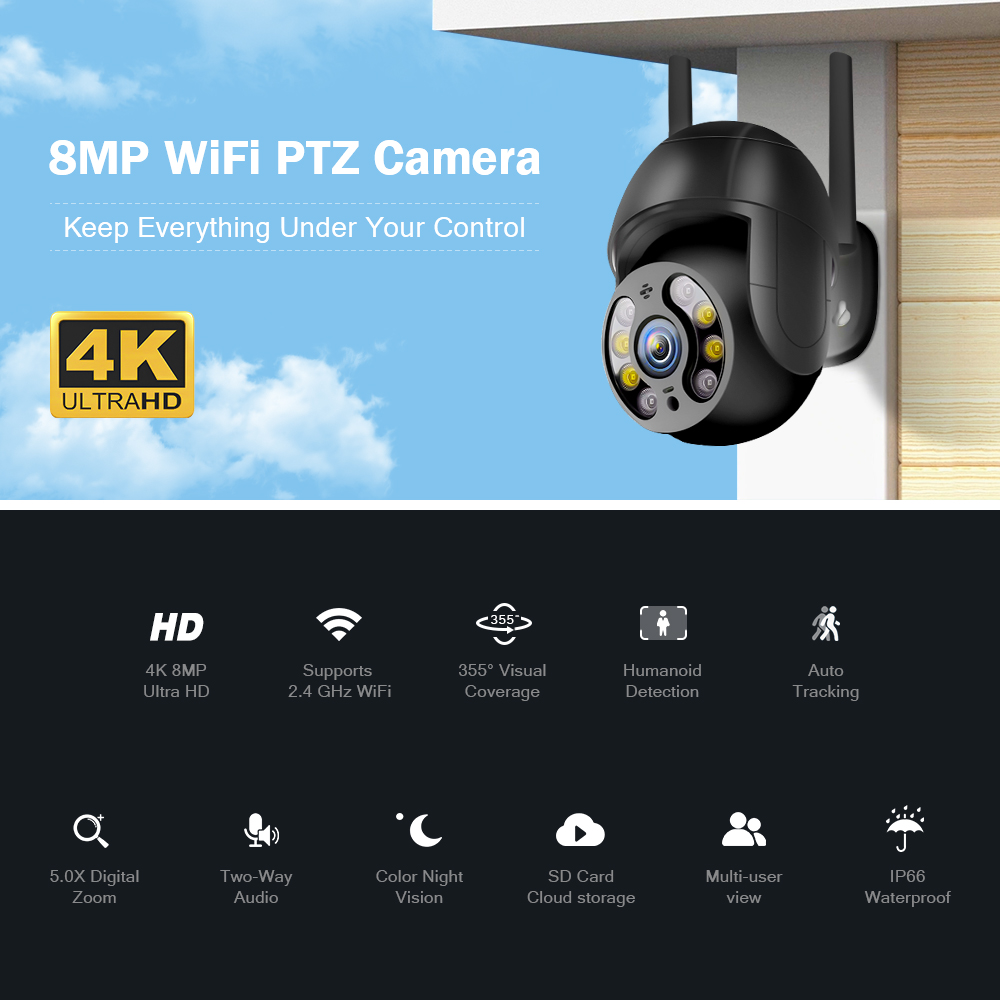 Title 1, 8MP 4K IP WIFI Camera Auto Tracking PTZ Camera ...