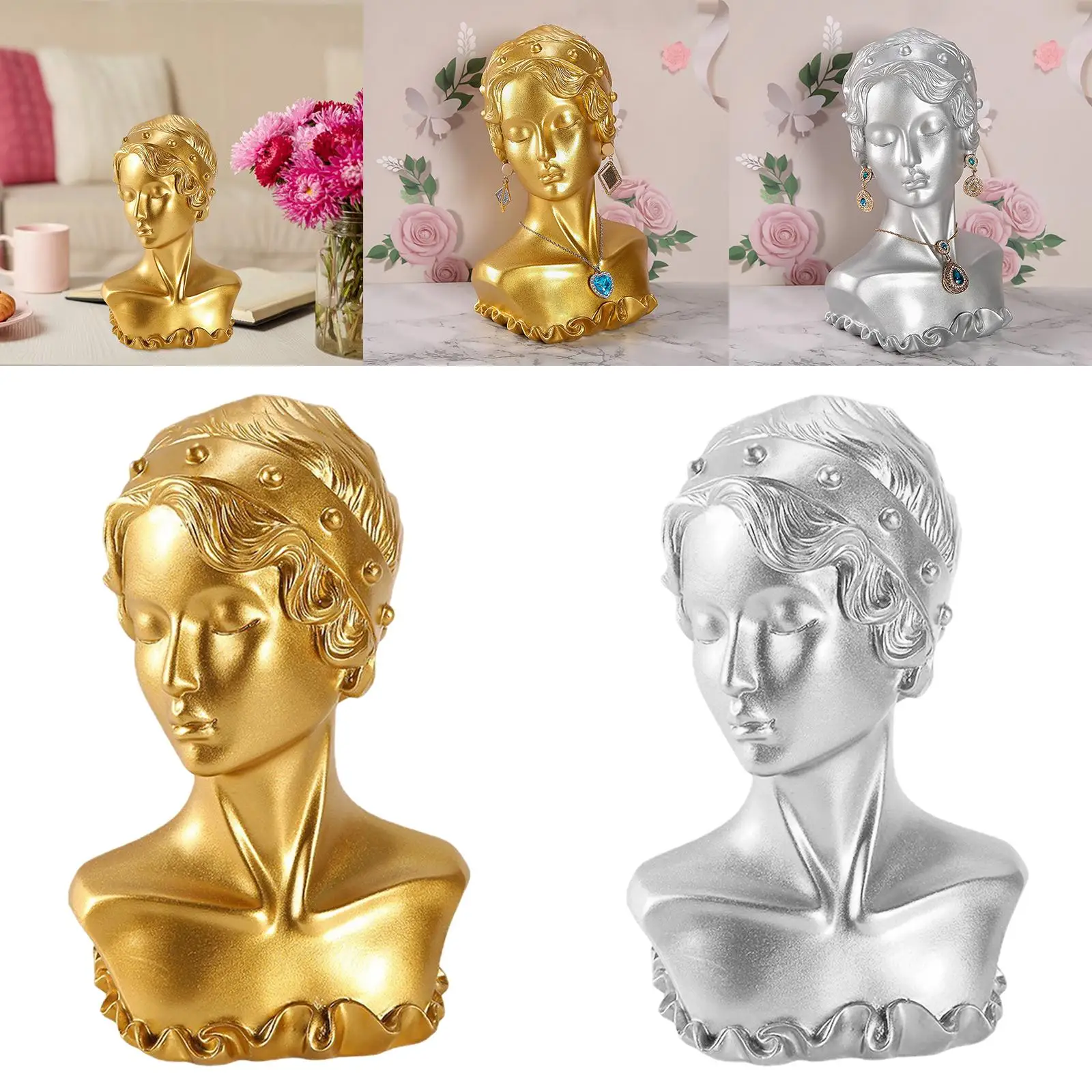 Jewelry Display Bust Mannequin Resin Props Beautiful Girl Hair Clips Necklace Bust Holder Sculpture for Personal Use Tabletop