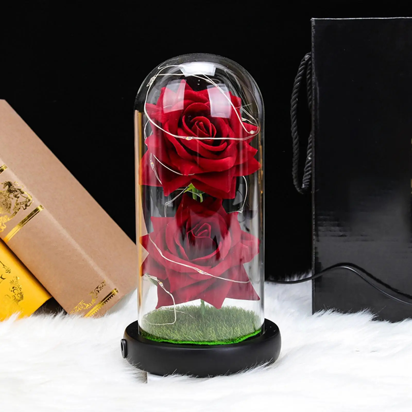 Rosa eterna de la bella y la bestia con luz LED, flor doble en cúpula, en  un frasco, regalo de cumpleaños del Día de San Valentín de la madre -  AliExpress Hogar