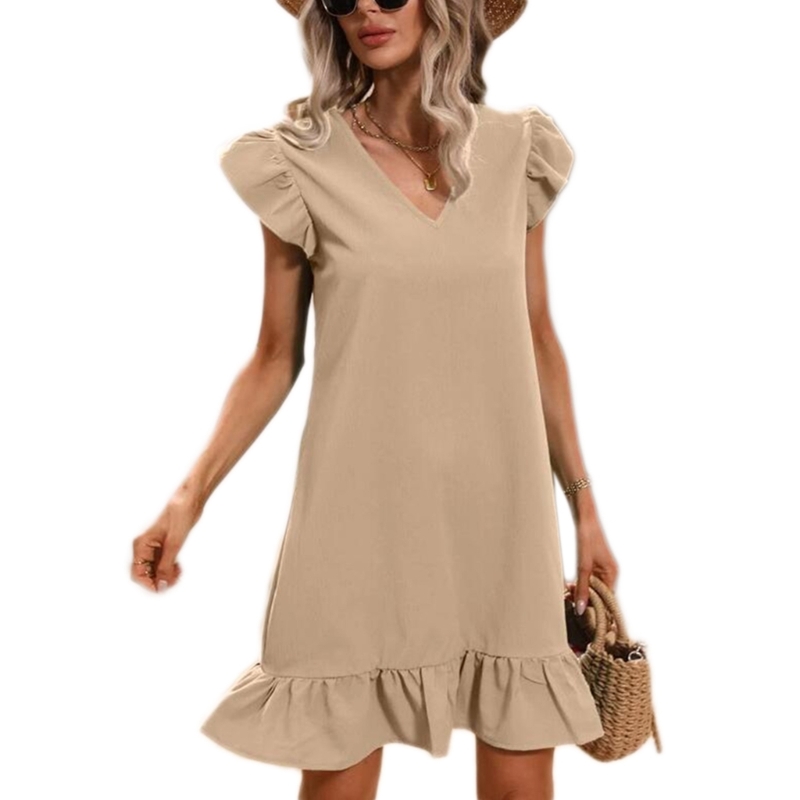 Solto-fit Ruffle Seaside Midi Vestido para o Escritório Diário de Verão