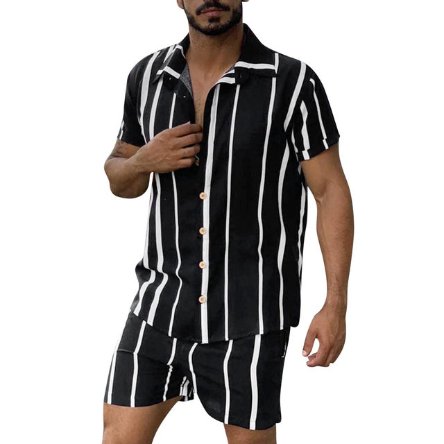 Men's Spring/summer Leisure Sports Hawaii Beach Style Stitching Stripe  Print Short Sleeved Shirt Pants Two Piece Suit Coattails - AliExpress