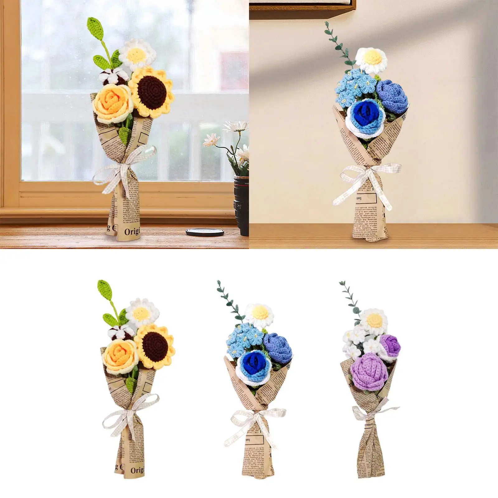 Completed Crochet Flowers Bouquet Artificial Flowers Home Decor Durable Handmade Knitted Bouquet for Home Wedding Decoration