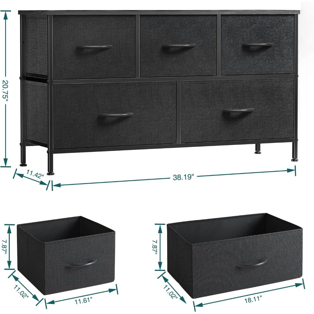 Description Picture 3 of item5 Drawers Dresser Fabric Dresser for Bedroom, Long Dresser with Wood Top for Bedroom, Closet, Entryway, Black