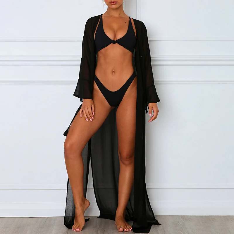 Women Summer Bikini Cover Up Sheer Long Sleeve Loose Button Closure Tunic Long Pareos Robe Beach Dress Drawstring Long Cardigan bathing suit wrap