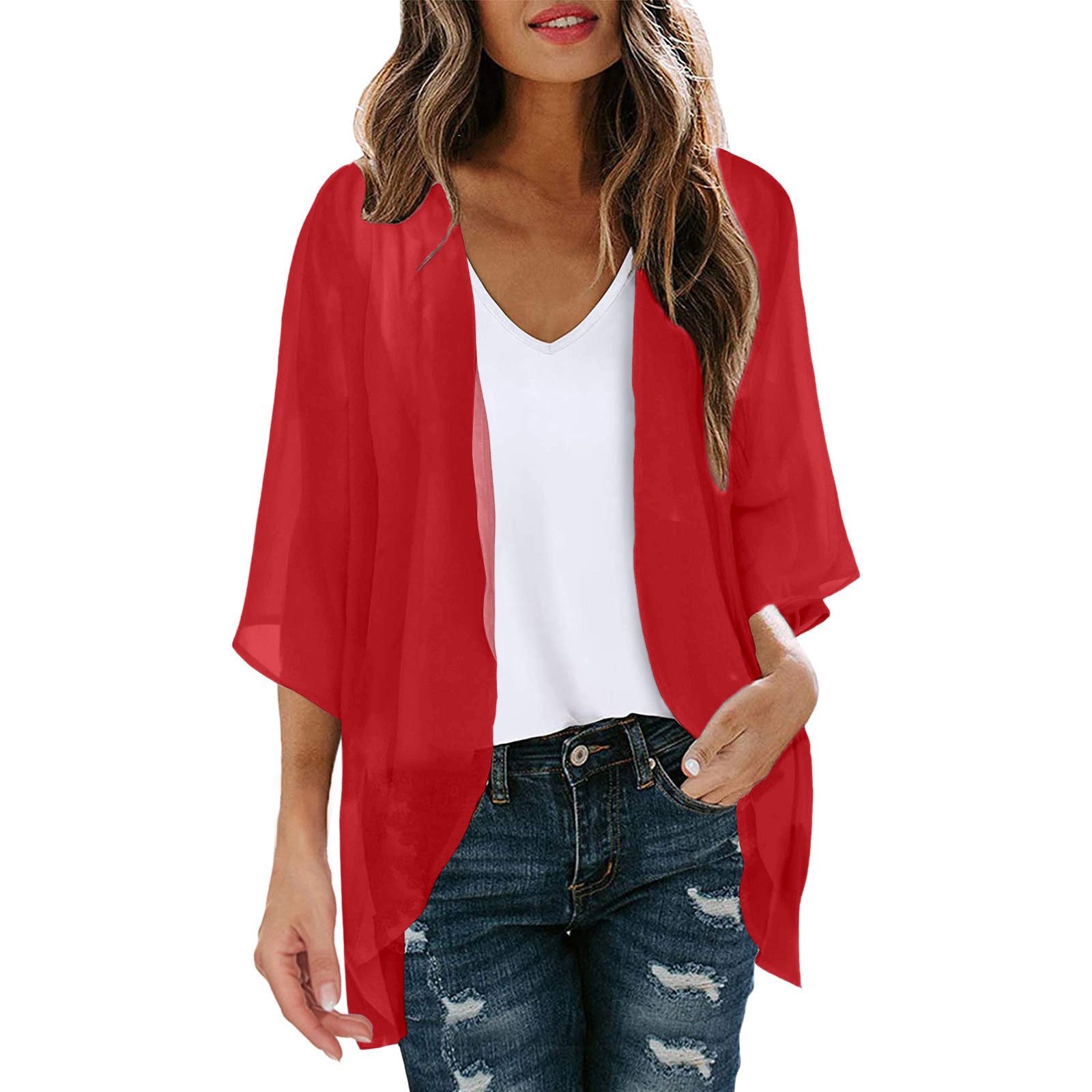 S75e1ebaff76a495fa5611a7774936687j Womens Solid Elegant Puff Sleeve Chiffon Blouse Cardigan Loose Cover Up Casual Long Sleeve Tops Summer Plus Size Thin Tops