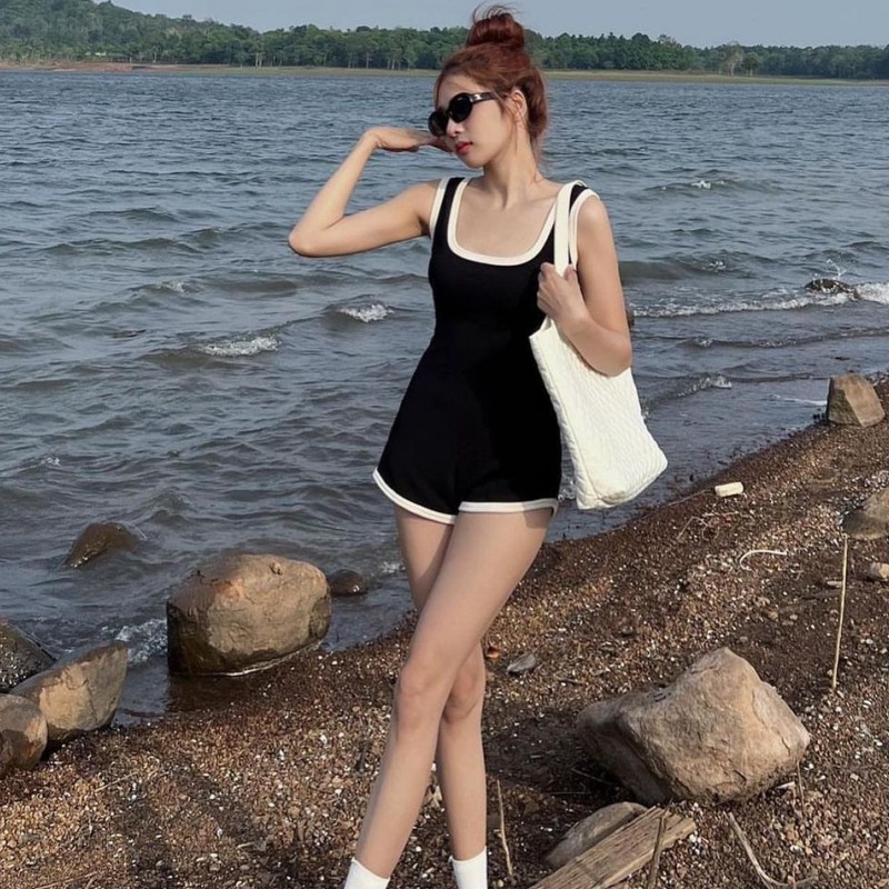 Camisole Jumpsuit Swimsuit   Women’s Block Color Female Summer Casual Thin Self-cultivation Calf-Length high rise waist short Pants Bodysuits Fashion sleeveless squareneck Rompers for woman in black Womens swimwear