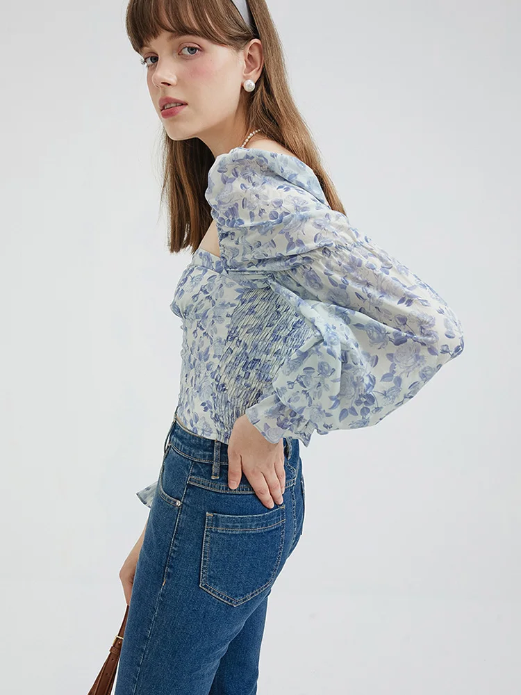 Puff Sleeve Top blue   Women’s French Look blouse Style Spring Vacation Chic Slim Ruched back plus size womens Aesthetic cotton-blend Tops Crop Fashion Sweetheart Office Lady Daily Floral Square neck Blouses for Woman