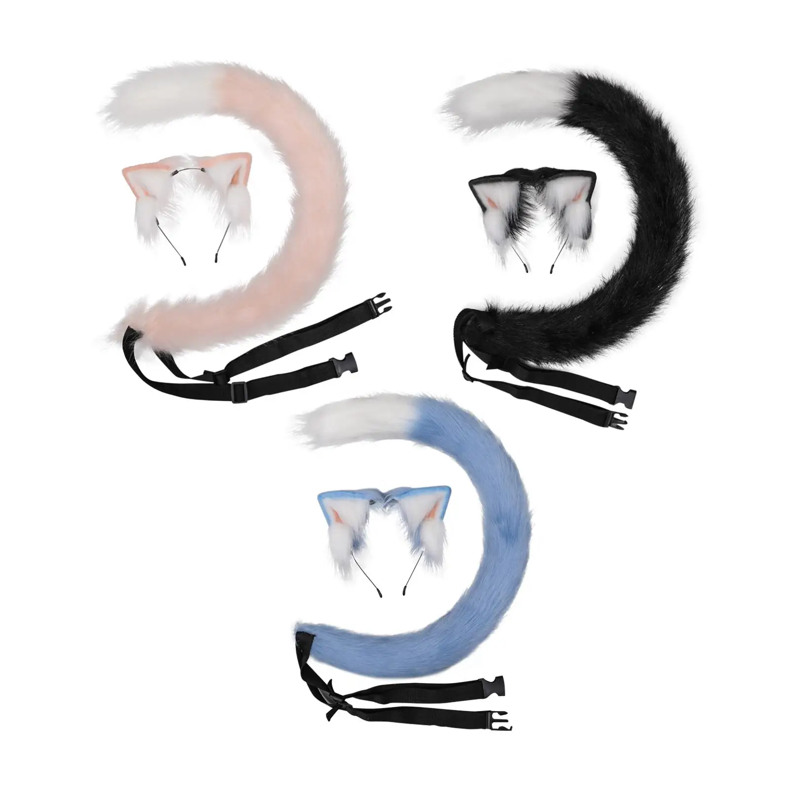Faux Fur Cat Ears with Long Tail Set Headwear Costume Headband Headdress Decoration Kids Adult Hair Clip for Cosplay Performance