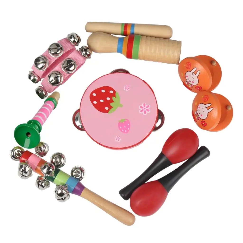 Muscial Instrument Set 7 Kinds Tambourine Drum Percussion Toys for Kids Toddlers Pink