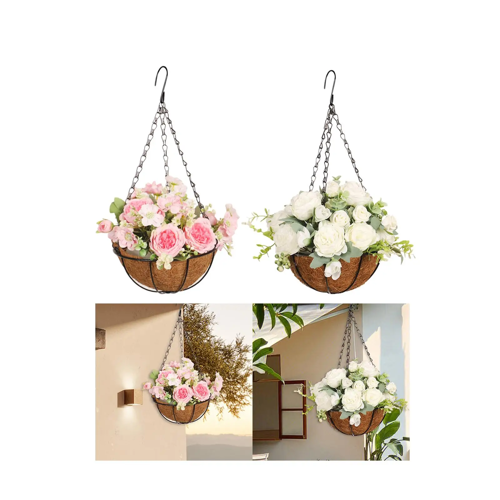 Hanging Artificial Peony Flowers Basket Hanging Plant for Balcony Porch Lawn
