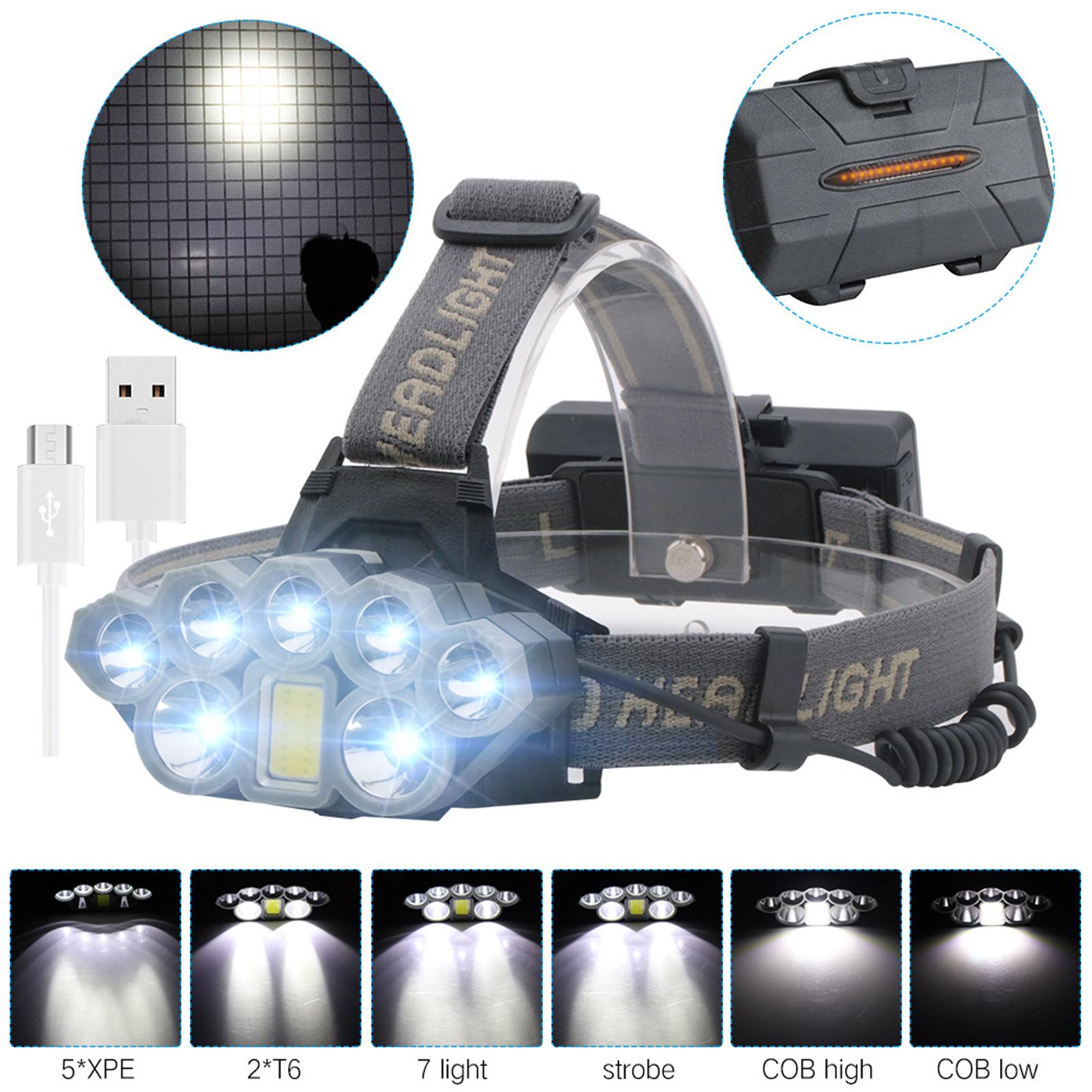 Headlamp Rechargeable 2 Batteries Waterproof 8 LED USB for Running Camping