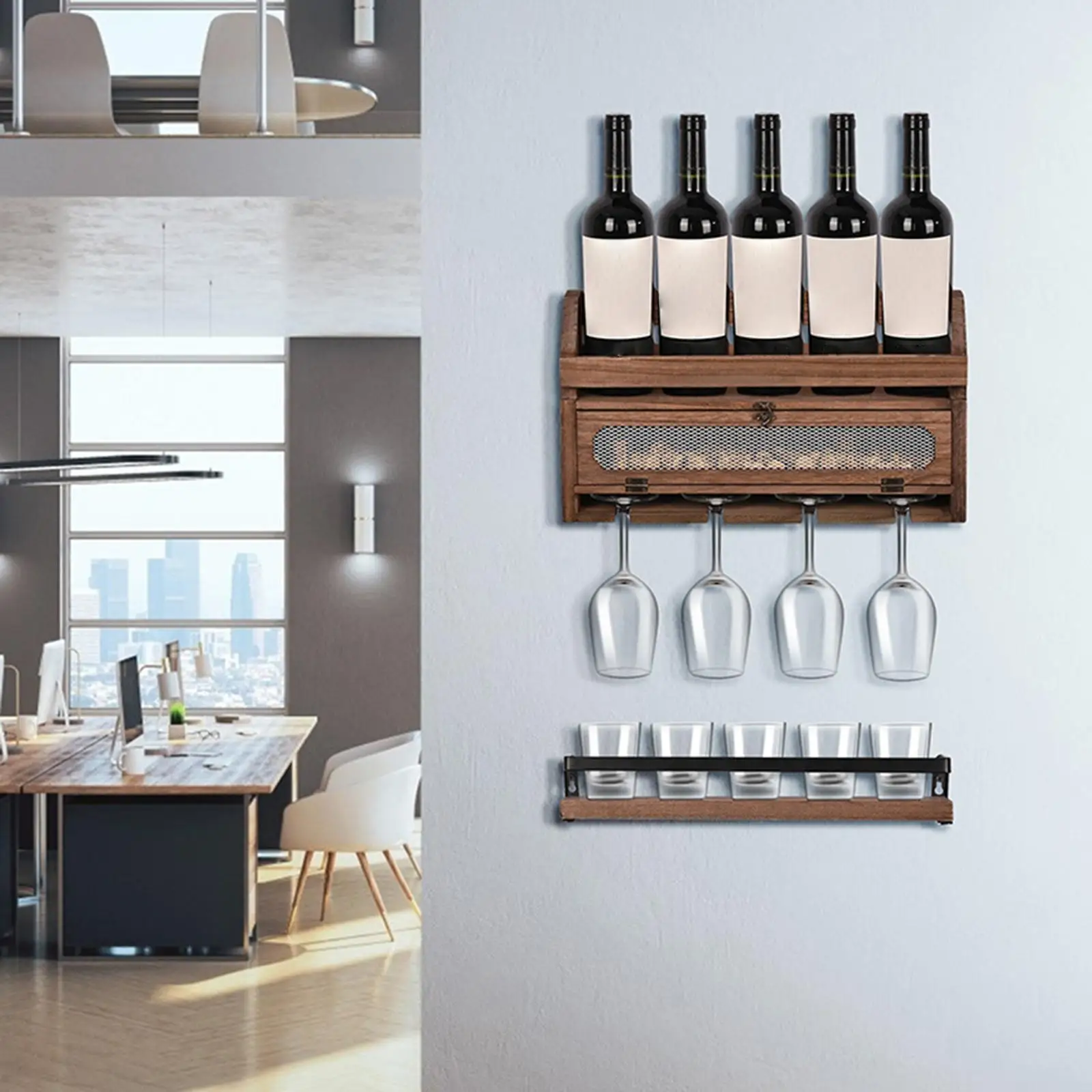 Wall Mounted Wine Rack Storage Shelf Bottle Glass Cork Holder Floating Rack Hanging for Dining  Decor