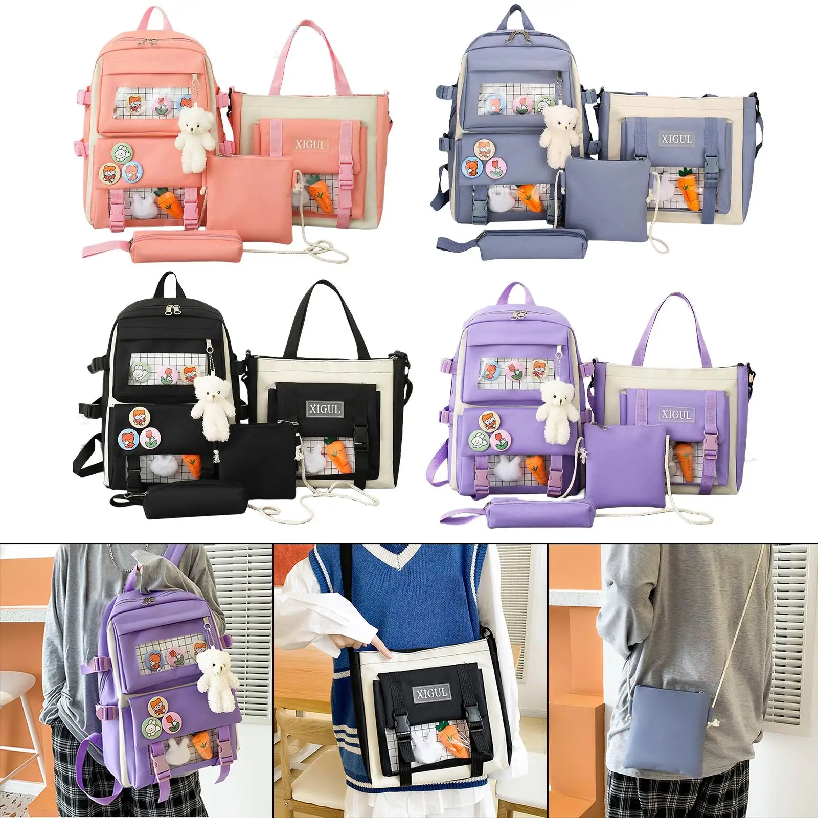 4 Pcs Sets Canvas Schoolbags for Teenage Girls Women Backpack Canvas Kids Primary  College Student Backpacks