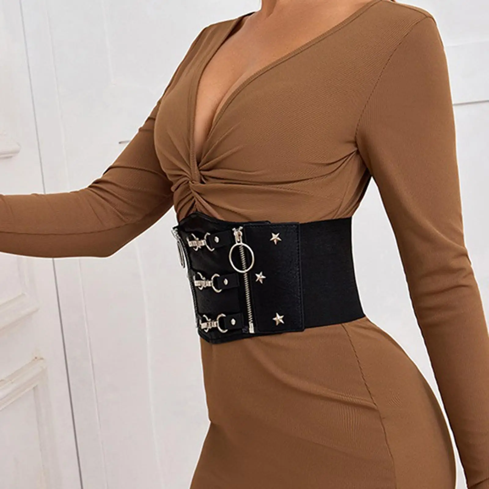 Womens Elastic Wide Waist Belt with Zipper Buckle Fashion Waistband Corset Belts Cinch Belt for Club Dresses Pants Party Cosplay